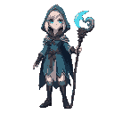 mystical female mage, medium height, white hair, small glowing blue eyes. wears a hooded cloak, light shoulder armor, short ocean-blue dress. holds a staff with a glowing blue crab claw head.