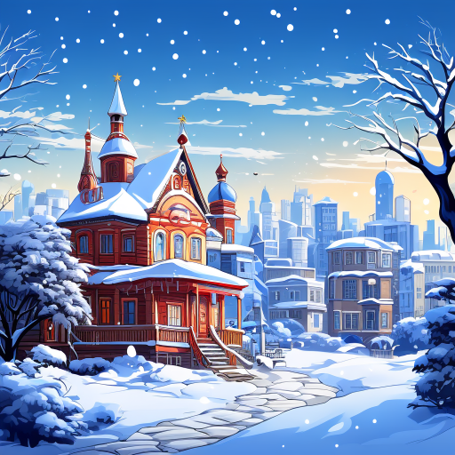  russian house, snowfall, and city on the background 
