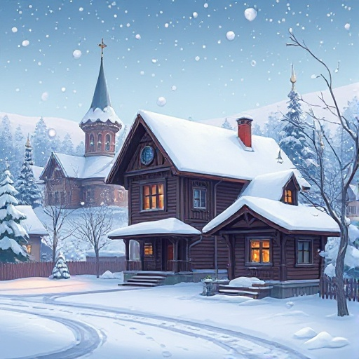 russian russian house, snowfall, and a russian city on the background 