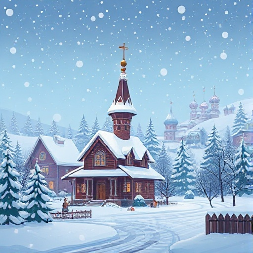 russian russian house, snowfall, and a russian city on the background 