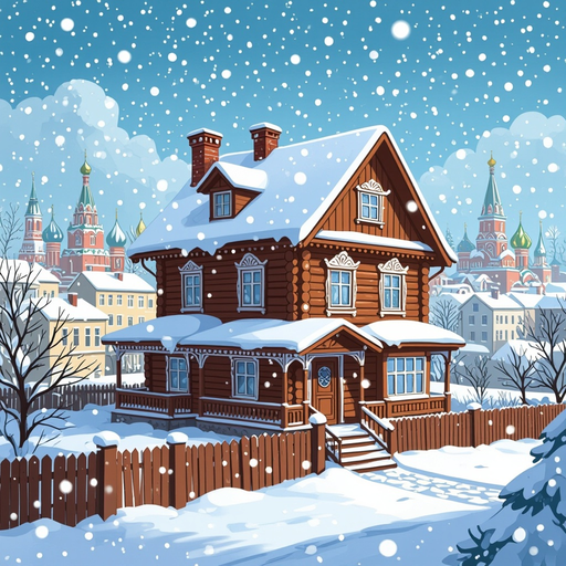  russian house, snowfall, and city on the background 