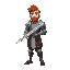 a man in medieval-style armor holding a sword and having red hair