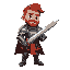 a man in medieval-style armor holding a sword and having red hair