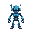 um robo baixo de altura, pernas e braços curtos, a cabeça é um pouco maior que o corpo, da cor azul com alguns fios nos braços, carismático