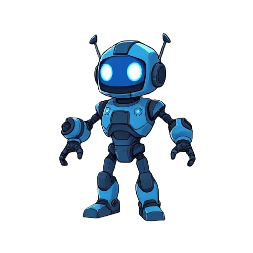 um robo baixo de altura, a cabeça é um pouco maior que o corpo, da cor azul com alguns fios nos braços