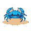 a pixel art blue crab with detailed shading, standing on a sandy beach. the crab has a vibrant blue shell with hints of cyan and dark blue for depth. its claws are raised slightly, and its legs have a
