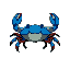 pixel art of a blue crab with cyan and dark blue shading, brown/blue legs, and raised claws. it stands on a sandy beach with pixelated ocean waves and a light blue sky in the background.