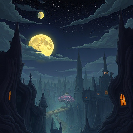 2d game environment concept art in a surreal dalí-esque style, designed for a dark metroidvania setting. the scene shows a dreamlike city in the background, night version, with a glowing full moon partly covered by drifting clouds. the architecture is sur