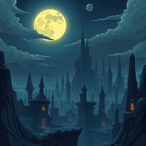 2d game environment concept art in a surreal dalí-esque style, designed for a dark metroidvania setting. the scene shows a dreamlike city in the background, night version, with a glowing full moon partly covered by drifting clouds. the architecture is sur