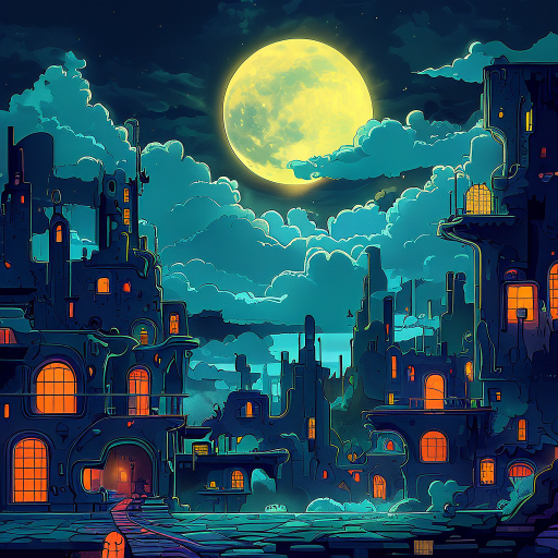 2d game environment concept art in a surreal dalí-esque style, designed for a dark metroidvania setting. the scene shows a dreamlike city in the background, night version, with a glowing full moon partly covered by drifting clouds. the architecture is sur