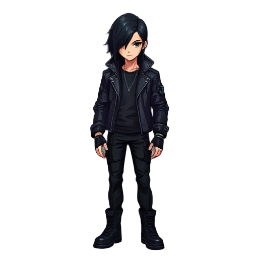 cyberpunk guy with long black hair, black leather jacket, black boots
