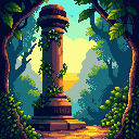 a jungle vibes with ancient object surrounding the area. many vines at the pillar and sunset sun from sky make a skylight comming through the leaves