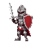 crie um gerreiro com um espada e um escudo a armadura e o escudo deve ter detalhes em vermelho para representar sua equipe