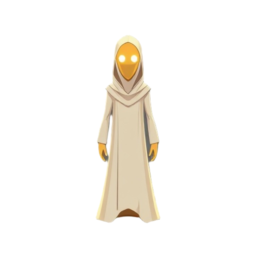 2d full-body character. a minimalist and elegant design of "shamash, the judge of justice." a tall, slender, floating figure with a featureless, smooth golden mask for a face, with only two bright white glowing dots for eyes. he wears a simple, long robe 