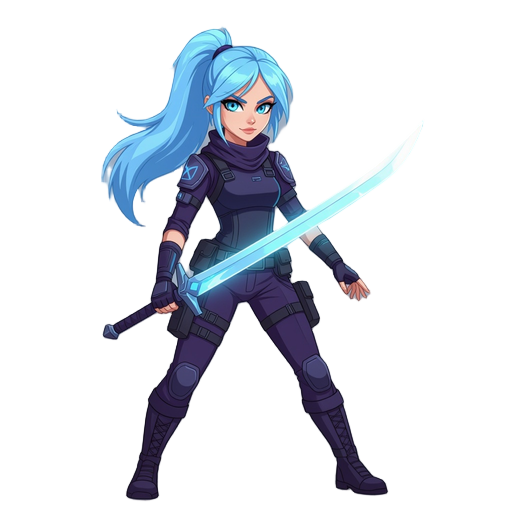 a young woman with light blue hair, light blue eyes in a ponny tail wields a glowing blue sword while wearing a dark purple tactical outfit.