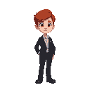 appearance: the character has red hair and fair skin.     clothing and attire: the character is wearing a suit with pants. underneath the suit is what seems to be a collared shirt. 