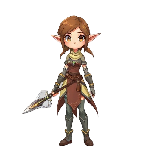 a female character, an elf with a weapon from the future