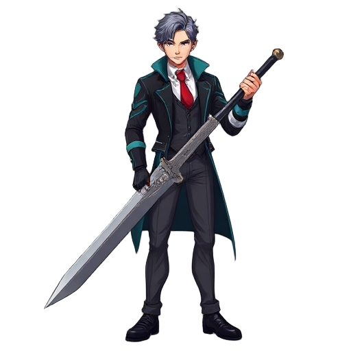 male character (age:1.1), (ethnicity:1.1), (body type:1.1), (pose:1.2),  holding a large sword, (detailed clothing:1.2),  dark gray pants, black jacket with teal accents,  red tie, (accessories:1.1), 