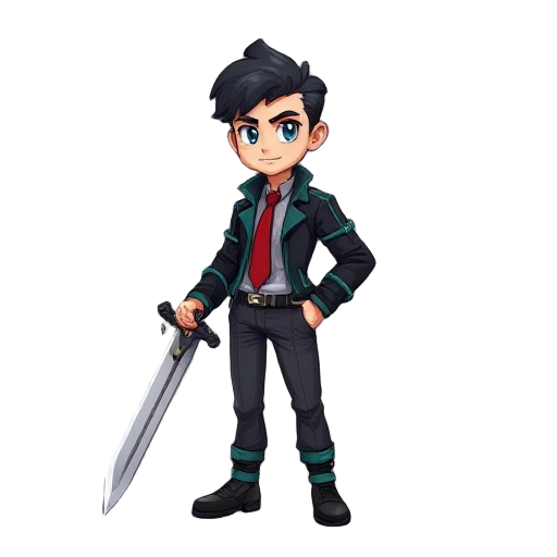 male character (age:1.1), (ethnicity:1.1), (body type:1.1), (pose:1.2),  holding a large sword, (detailed clothing:1.2),  dark gray pants, black jacket with teal accents,  red tie, (accessories:1.1), 