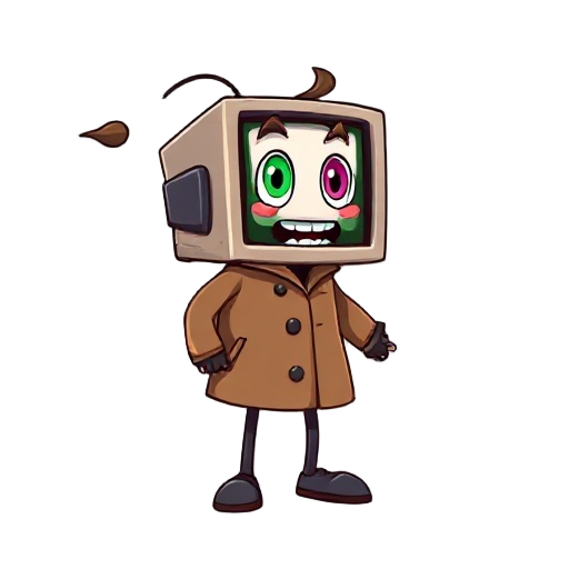 a computer head wearing a brown coat that blows in the wind left eye is green right eye pink and mouth is green in the monitor no hair screen is black mouth is in monitr