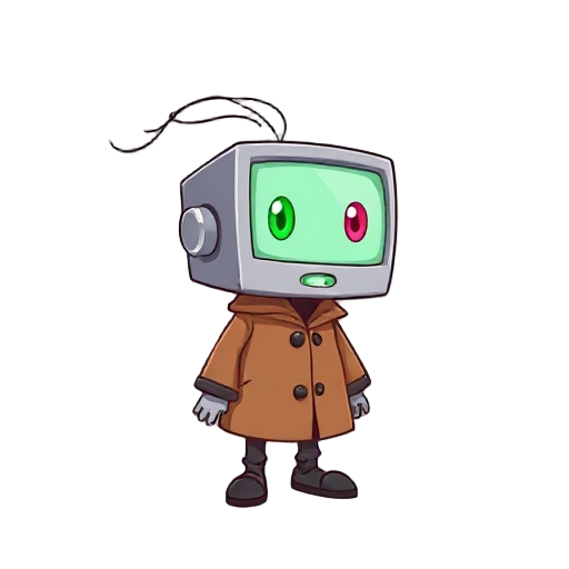 a computer head wearing a brown coat that blows in the wind left eye is green right eye pink and mouth is green in the monitor