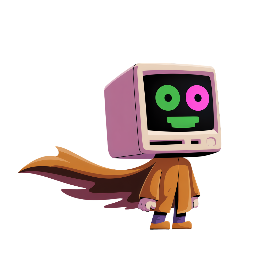 a computer head wearing a brown coat that blows in the wind left eye is green right eye pink and mouth is green in the monitor no hair screen is black mouth is in monitr