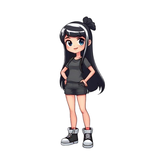 uma menina de cabelo preto e longo com franja, usando botas, calça e um sobretudo, todos pretos