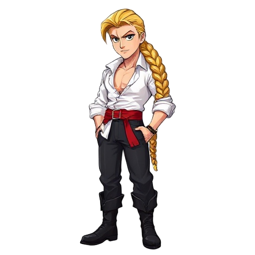 a thick braid of golden hair tumbled down his back, while his face—a study in angular beauty—held eyes the deep green of midnight forests. his white shirt opened at the collar, revealing skin pale as marble above dark trousers tucked into polished black b