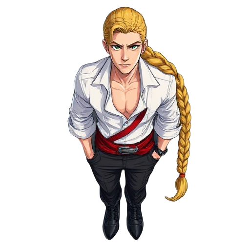 a thick braid of golden hair tumbled down his back, while his face—a study in angular beauty—held eyes the deep green of midnight forests. his white shirt opened at the collar, revealing skin pale as marble above dark trousers tucked into polished black b