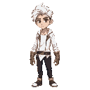 un joven de 17 años con cabello blanco y largo, ojos rojos, chaqueta blanca, pantalon negro, guanteletes de batalla hechos de hierro color oro, dos espada gemelas color carmesi