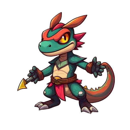create a humanoid salamander character for a 2d fantasy game, with vibrant colors and a warrior look