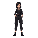 dungeonpunk retro style women with black cargo pants. black hair. 