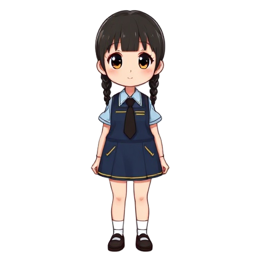 girl with two black braids with middle partition no bangs in school uniform which is a dark blue pinafore with light blue blouse and black tie tucked in with 3 yellow stripes thin eyebrows brown eyes 