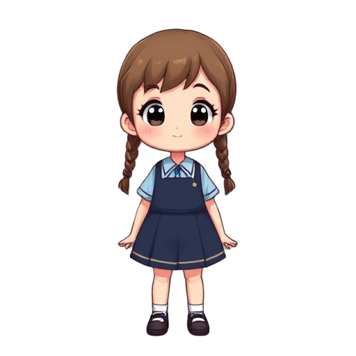 a small girl with two braids in school uniform which is a dark blue pinafore with light blue blouse