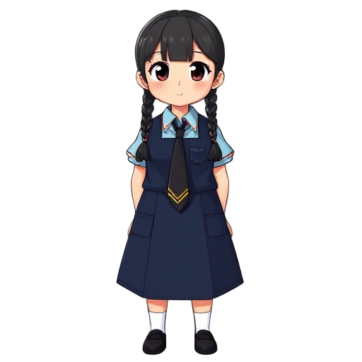 girl with two black braids with middle partition no bangs in school uniform which is a dark blue pinafore with light blue blouse and black tie tucked in with 3 yellow stripes thin eyebrows brown eyes 