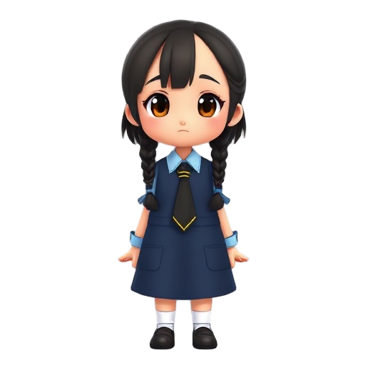 a small girl with two black braids with middle partition oily hair in school uniform which is a dark blue pinafore with light blue blouse and black tie with 3 yellow stripes thin eyebrows brown eyes 