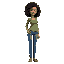 tall, thin woman with curly hair, wearing jeans and a green shirt