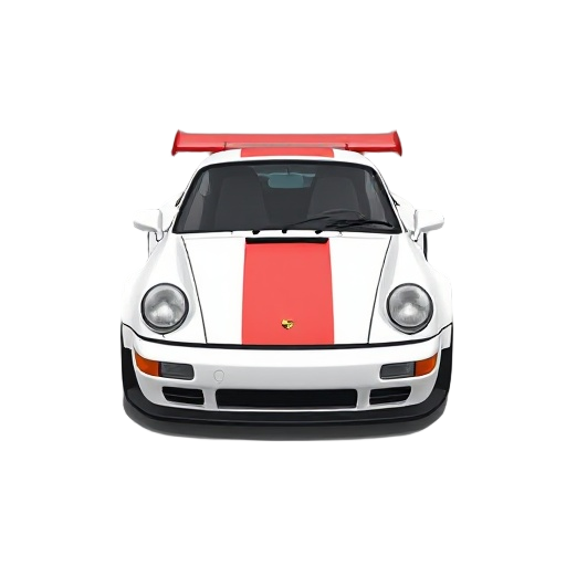 90s porsche 911 style car, white with a red strip down the middle of the hood and a big red spoiler.