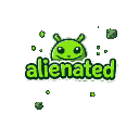 a green alien themed logo that says "alienated" floating in space among the little stars and asteroids