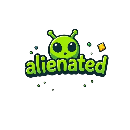 a green alien themed logo that says "alienated" floating in space among the little stars and asteroids