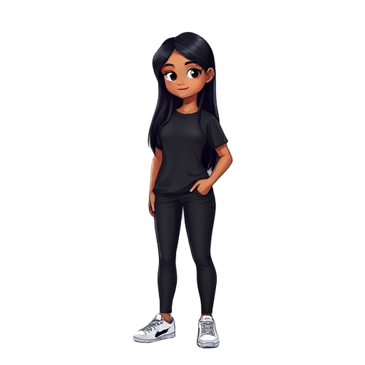 light brown skinned girl, with long black hair, gradient, wearing black pants and a black t-shirt, white nike shoes