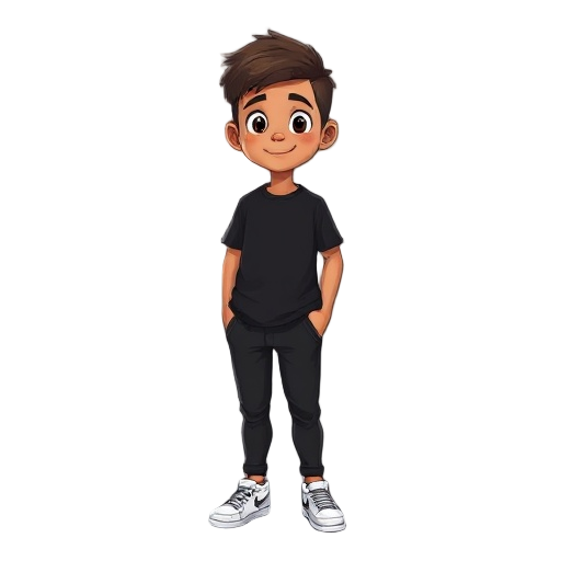 light brown-skinned boy, with short, faded hair, wearing black pants and a black t-shirt, white nike shoes