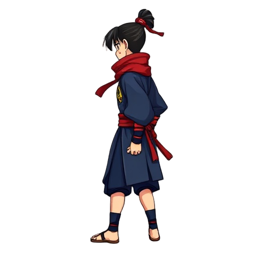 sengoku-era ninja facing right, legs bent, torso forward. right arm back palm up, left arm forward palm down. light skin, black hair, high ponytail with red bandana. indigo kimono, red scarf, belt knot right, wraps, hand guards, dragon emblem chest. no we