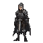 sable is a tall, slender knight with a tragic yet resolute demeanor, evoking a doomed hero. his full-body sprite showcases a lean physique in lightweight leather and metal armor (#1c2526), engraved wi