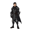 sable is a tall, slender knight with a tragic yet resolute demeanor, evoking a doomed hero. his full-body sprite showcases a lean physique in lightweight leather and metal armor (#1c2526), engraved wi