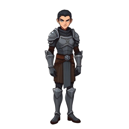 sable is a tall, slender knight with a tragic yet resolute demeanor, evoking a doomed hero. his full-body sprite showcases a lean physique in lightweight leather and metal armor (#1c2526), engraved wi