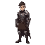 sable is a tall, slender knight with a tragic yet resolute demeanor, evoking a doomed hero. his full-body sprite showcases a lean physique in lightweight leather and metal armor (#1c2526), engraved wi