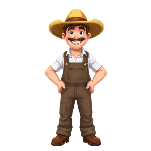 strong male farmer character, wearing a straw hat and overalls, smiling