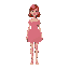 a woman with red hair, wearing a pink off-the-shoulder dress with a pleated skirt and pink sneakers. the dress has a round neckline and short sleeves.
