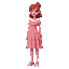 a woman with red hair, wearing a pink off-the-shoulder dress with a pleated skirt and pink sneakers. the dress has a round neckline and short sleeves.